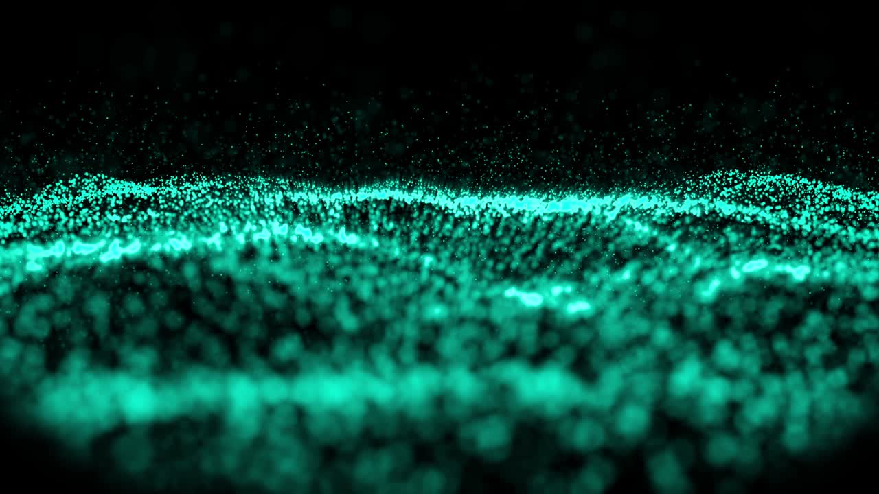 Waves of green particles moving against black background