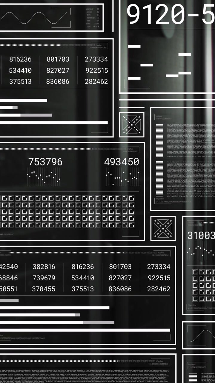Animation of hud screens with numbers, graphs and shapes over data server racks