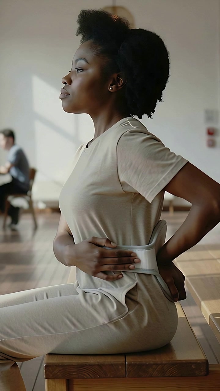 Vertical video: Reaching back, woman in beige outfit fastening lumbar belt on bench for support