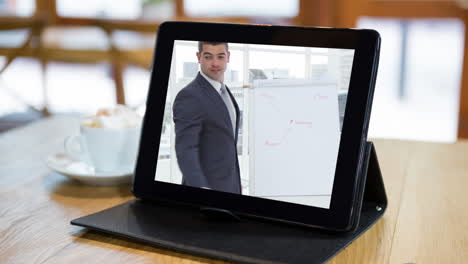 animation of a digital tablet with a caucasian businessman on the screen