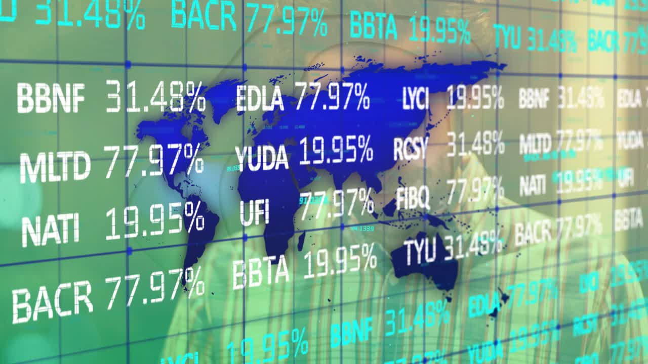 man adjusting VR headset within finance grid interface, showing floating tickers and world map