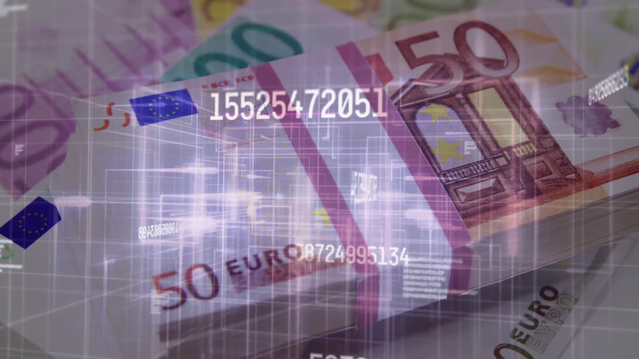 Digital komposition af flere skiftende tal og lysspor, der bevæger sig mod eurosedler i baggrunden.