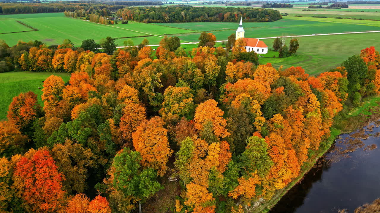 Aerial of a deciduous maple forest, the Lielupe river and the Mezhotne church in autumn, Mezotne, Latvia