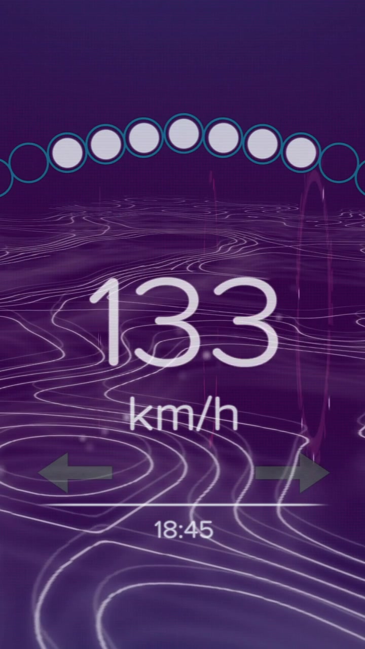 Animazione di tachimetro digitale che mostra 100 km/h con elementi di interfaccia futuristici
