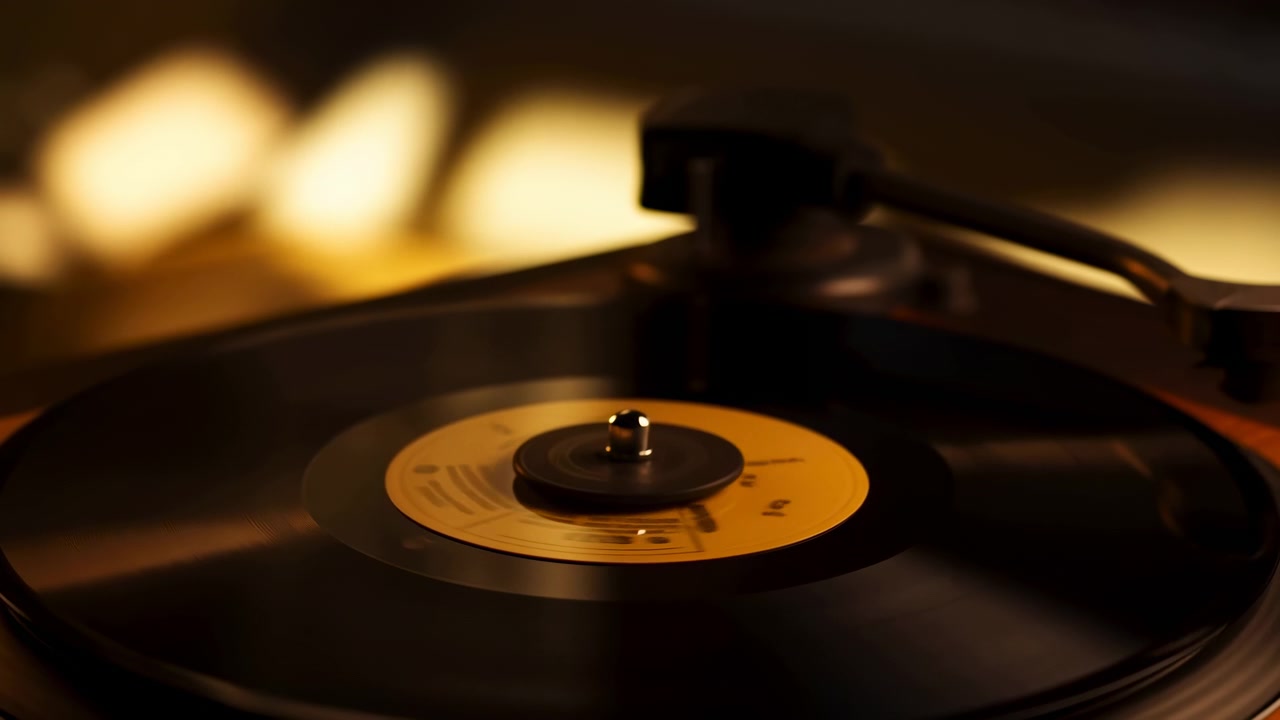 Primo piano centrato sul perno mostra un disco in vinile nero con giallo sul giradischi, stilo posizionato vicino ai solchi esterni, bokeh morbido e caldo, riflessi lucidi, atmosfera musicale vintage, con vinile, disco e giradischi.