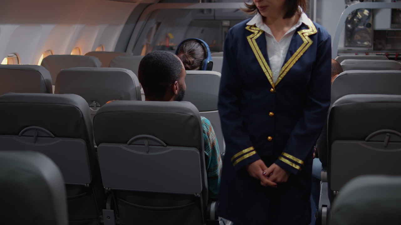 Diverse travellers having conversation in airplane before takeoff