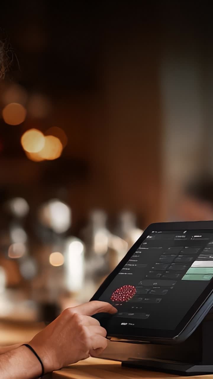 Fængslende interaktion med en digital tablet i en moderne bar, der fanger essensen af teknologi og socialt samvær i et dynamisk miljø.