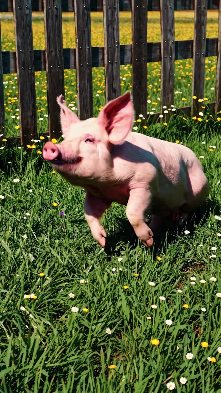 Maialino rosa che esplora un campo verde soleggiato con fiori selvatici
