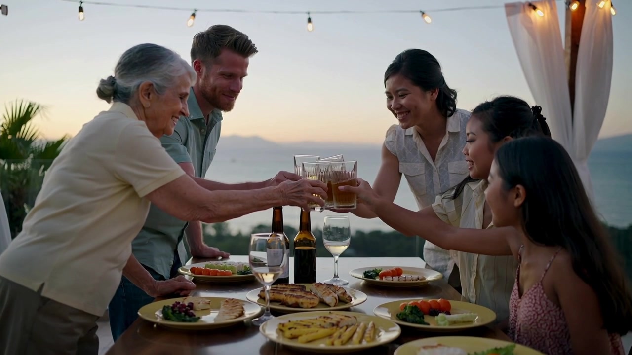Tramonto che invita una famiglia ad alzare i calici su un patio vista mare, brindando alla cena su un tavolo di legno, in camicie leggere.