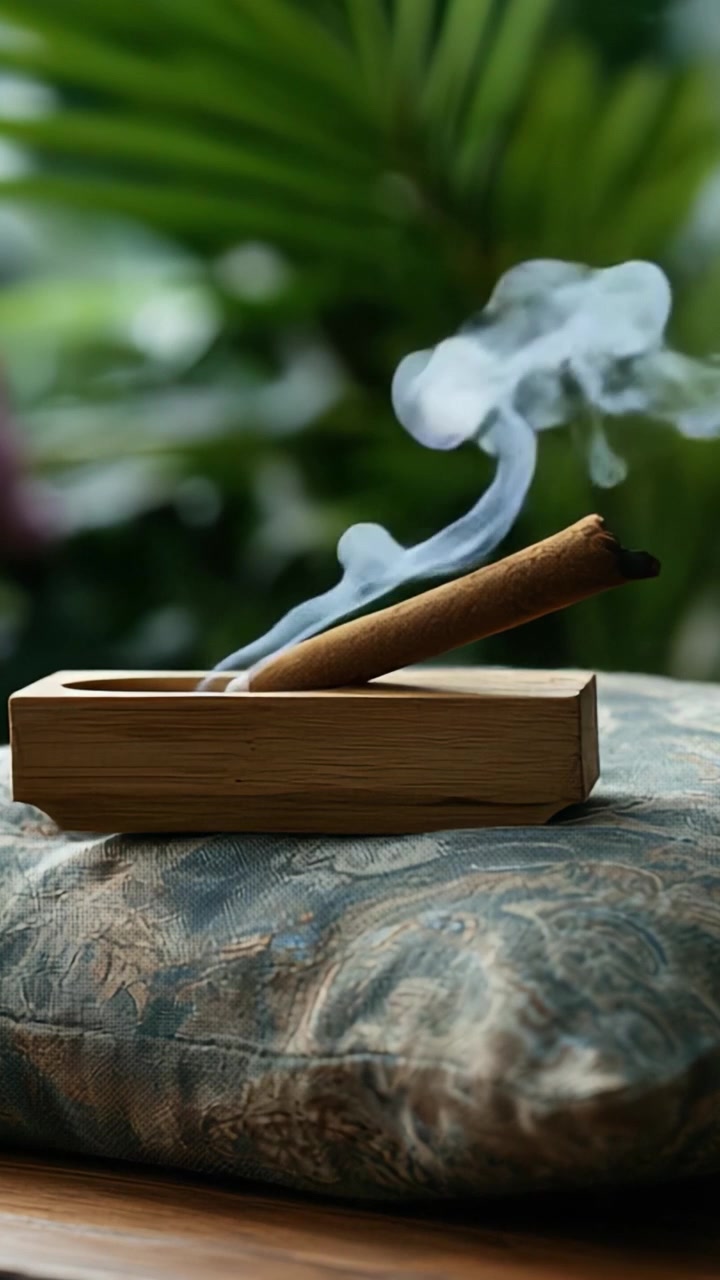 The Tranquil Essence of Aromatic Smoke: A Close-Up of Incense Burning Gently on a Decorative Holder Surrounded by Lush Greenery and Soft Textures
