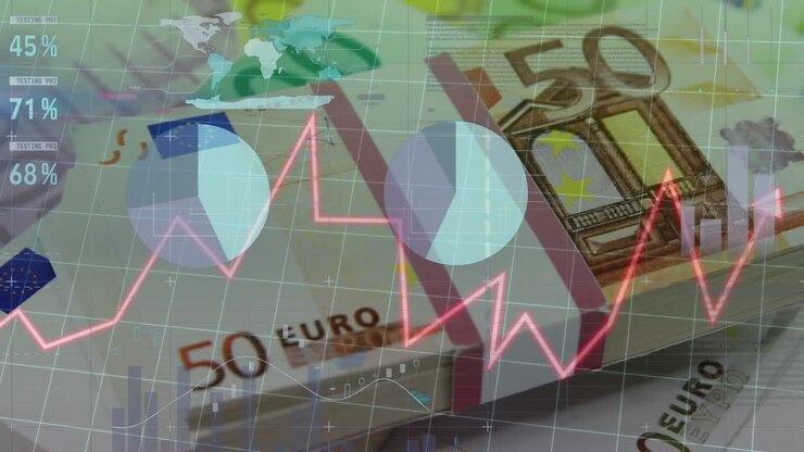Animazione di più grafici, mappa e tabellone di trading su valute euro