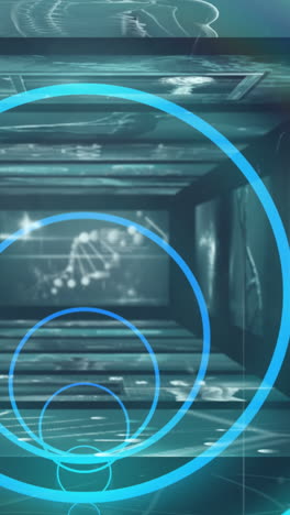 animación de formas geométricas de neón azul sobre el procesamiento de datos en pantallas
