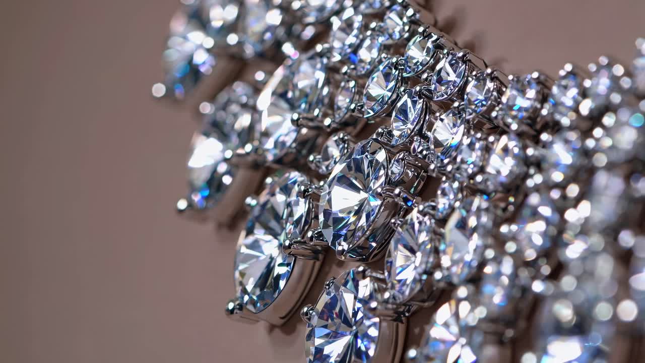 Nærbillede i vinkel af en funklende diamant halskæde, der viser luksus og elegance