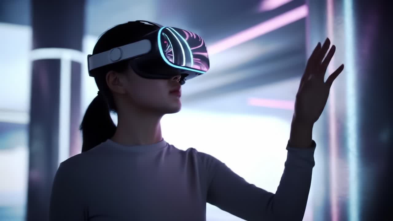 Exploring the Future of Technology: A Young Woman Engages with Virtual Reality through an Advanced Headset in a Futuristic, Neon-lit Environment