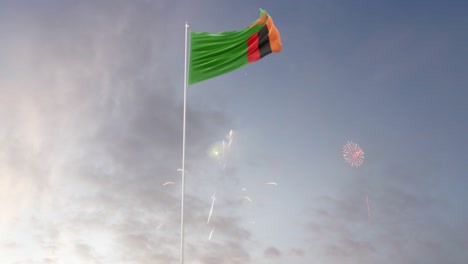 bandera de zambia con fuegos artificiales en el fondo