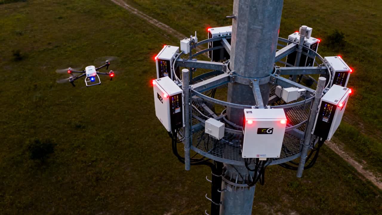 Reacting to signal drone moving toward mast in field, adjusting camera, inspecting white cabinets