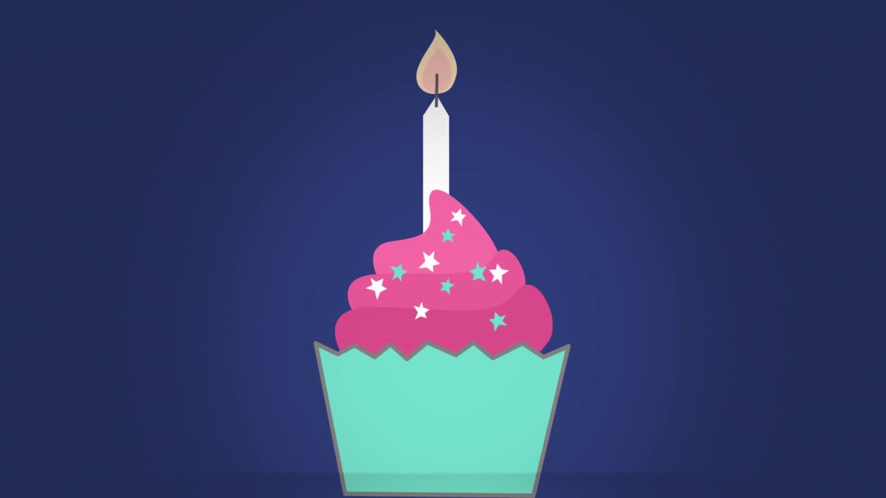 Animazione di cupcake con candela su sfondo blu