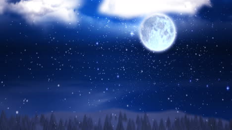 animation of sky with clouds over winter landscape and santa claus in sleigh with reindeer