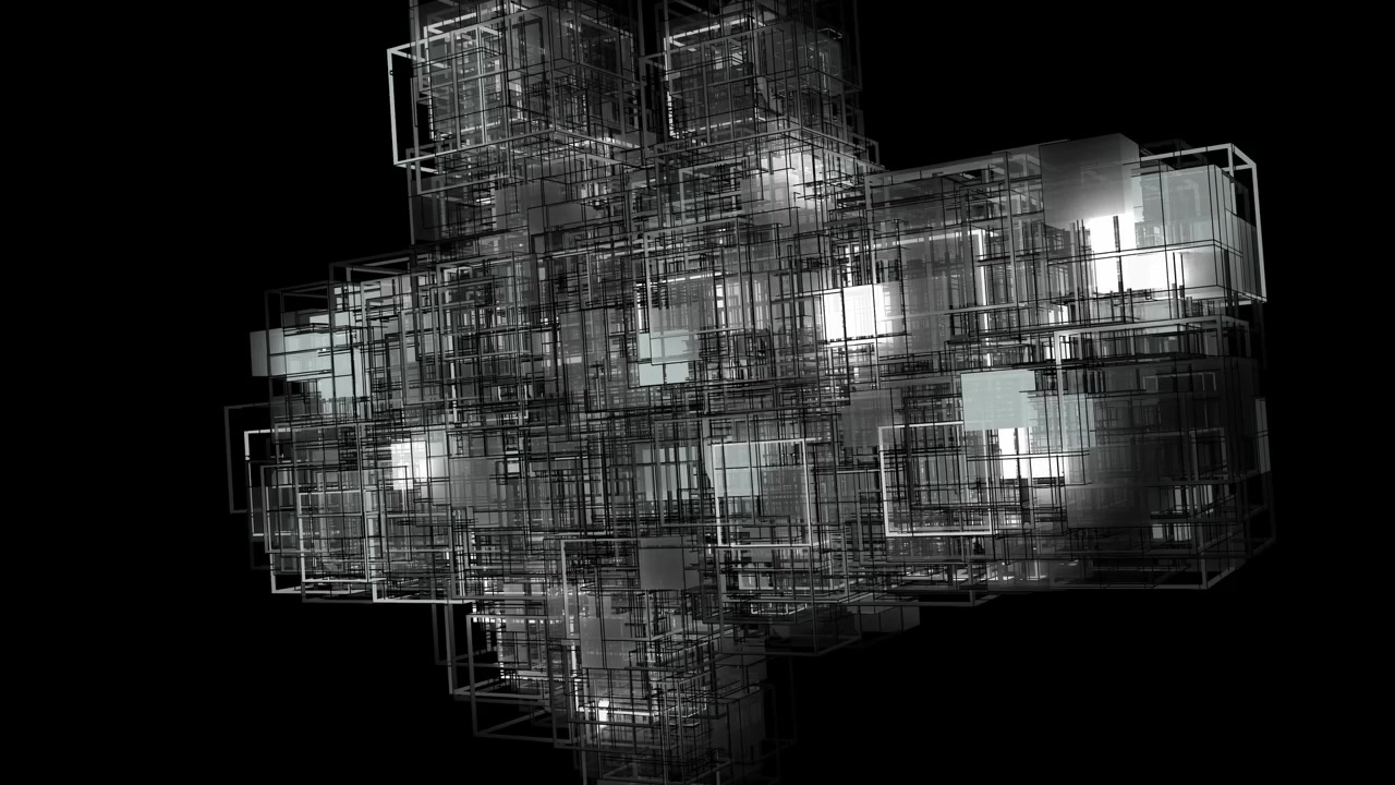 Uma estrutura geométrica isolada formando um objeto cinza complexo flutuante em wireframe, girando em um espaço digital escuro e abstrato.