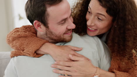 hug, excited and couple with a laptop for a movie