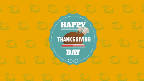 Animation of happy thanksgiving day text over turkey dinner on yellow background