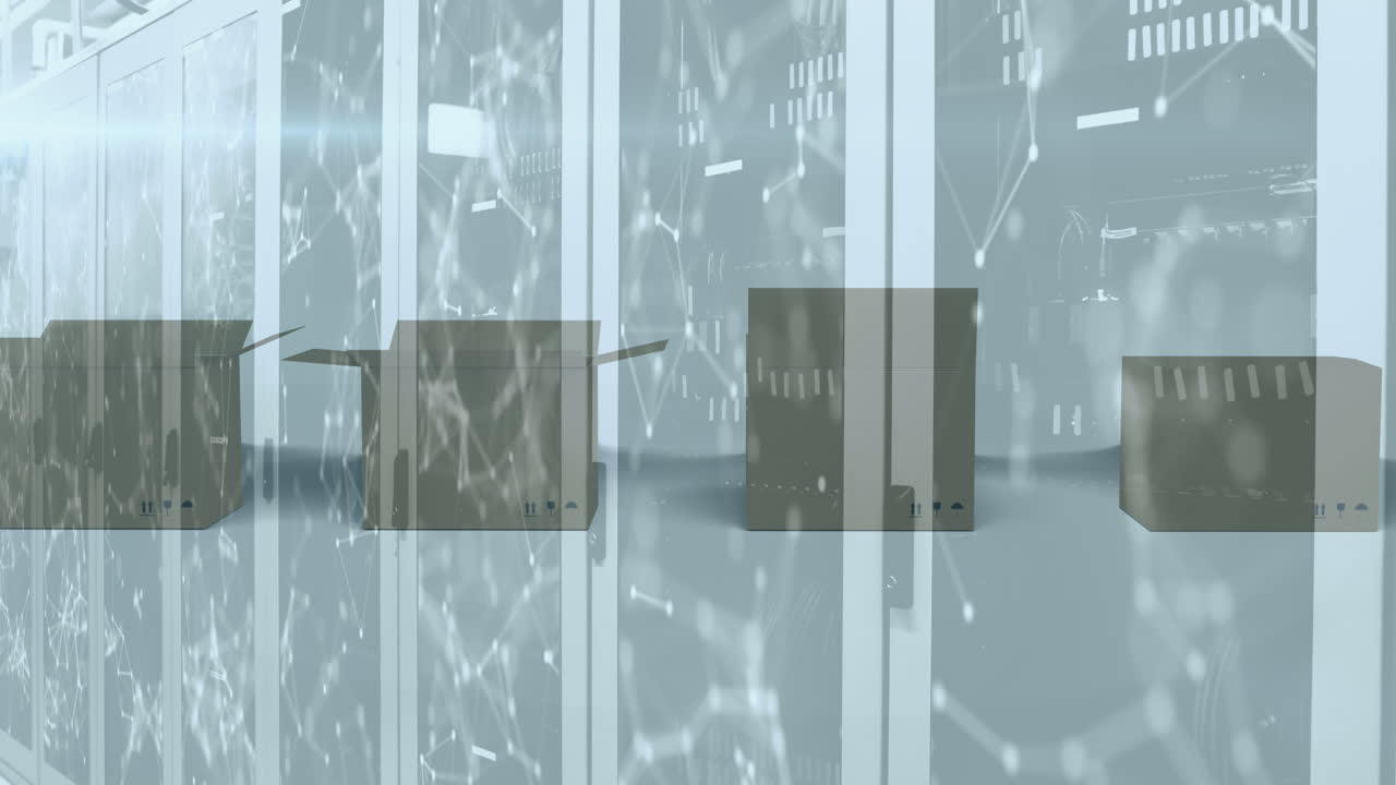 카드보드 상자를 움직이는 컴퓨터 서버를 통해 연결 네트워크의 애니메이션