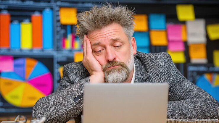 Ein frustrierter Profi starrt auf seinen Laptop, umgeben von bunten Diagrammen und Post-it-Notizen, die die Herausforderungen von Unzufriedenheit am Arbeitsplatz und psychischer Belastung veranschaulichen
