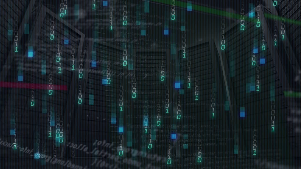 Animation of digital data processing over server room
