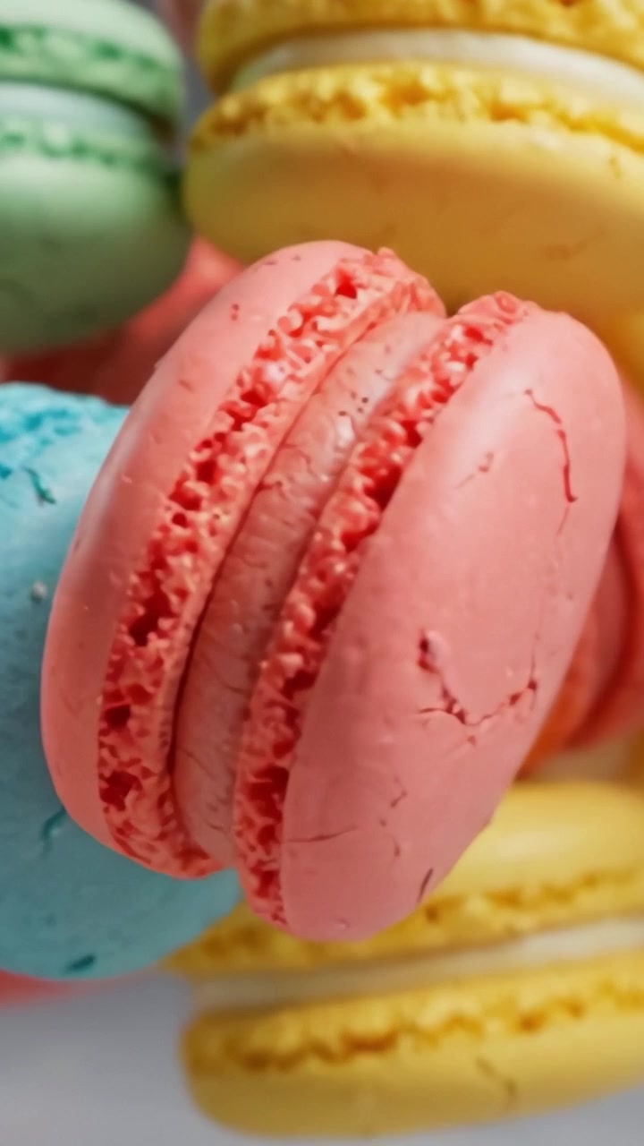 Vibrant and Colorful Macarons in Mid-Air: A Whimsical Display of Sweet Treats Captured in Rich Tones and Delightful Textures