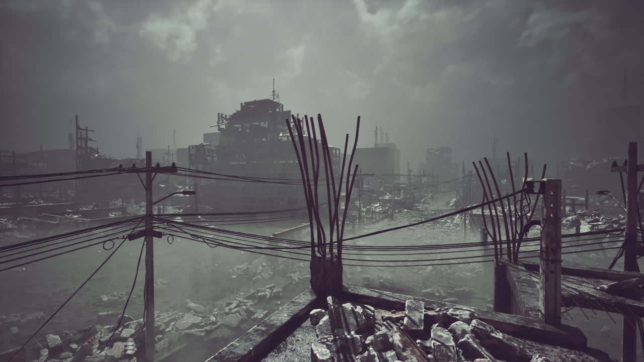 Desolate urban landscape with ruins and power lines during a cloudy day