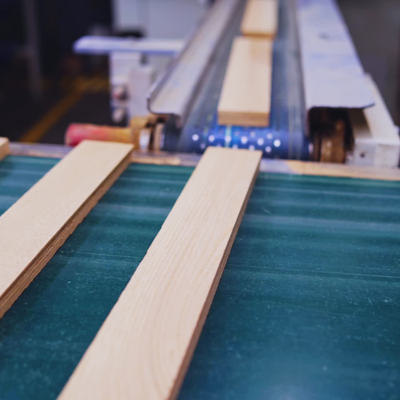 Wooden boards moving on a conveyor line. Modern factory of parquet production. Manufacturing of furniture.