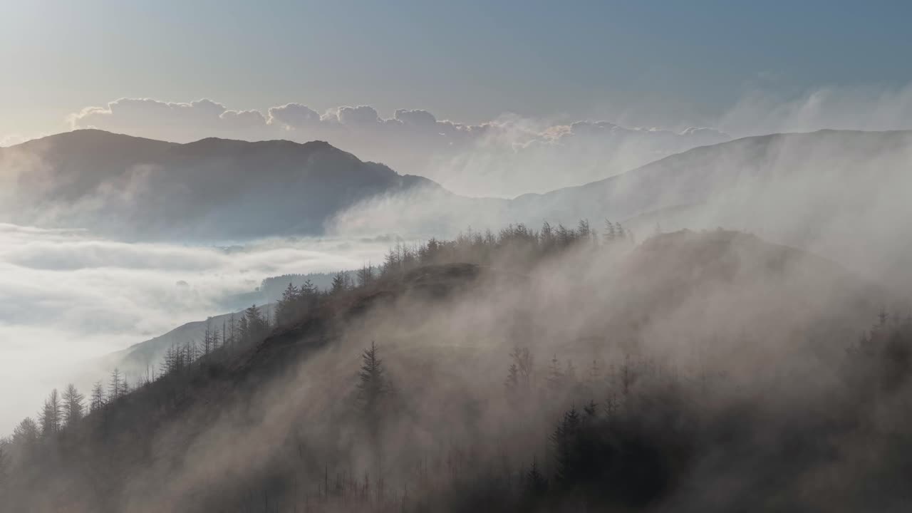 안개가 가득한 산 위에서 해가 뜨고, 부드러운 구름이 새벽에 아일랜드의 나무들을 가로질러 굴러간다.