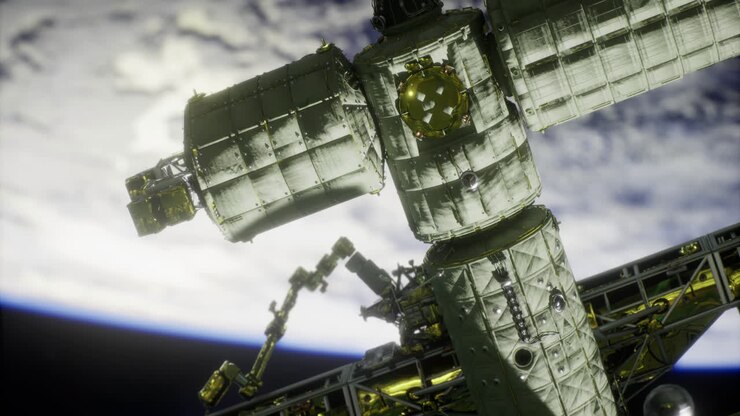 Exploration of space with a close view of a space station orbiting earth