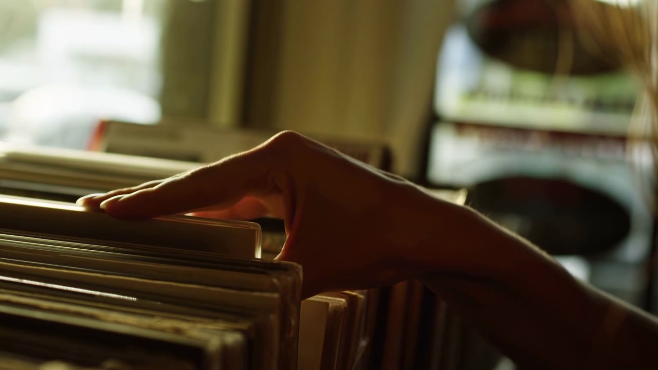 Close-up motion of hand removing clear sleeve from horizontal record rack, revealing careful selection, tactile contact, warm glow, soft blur, and intimate retail browsing scene, with hand, finger