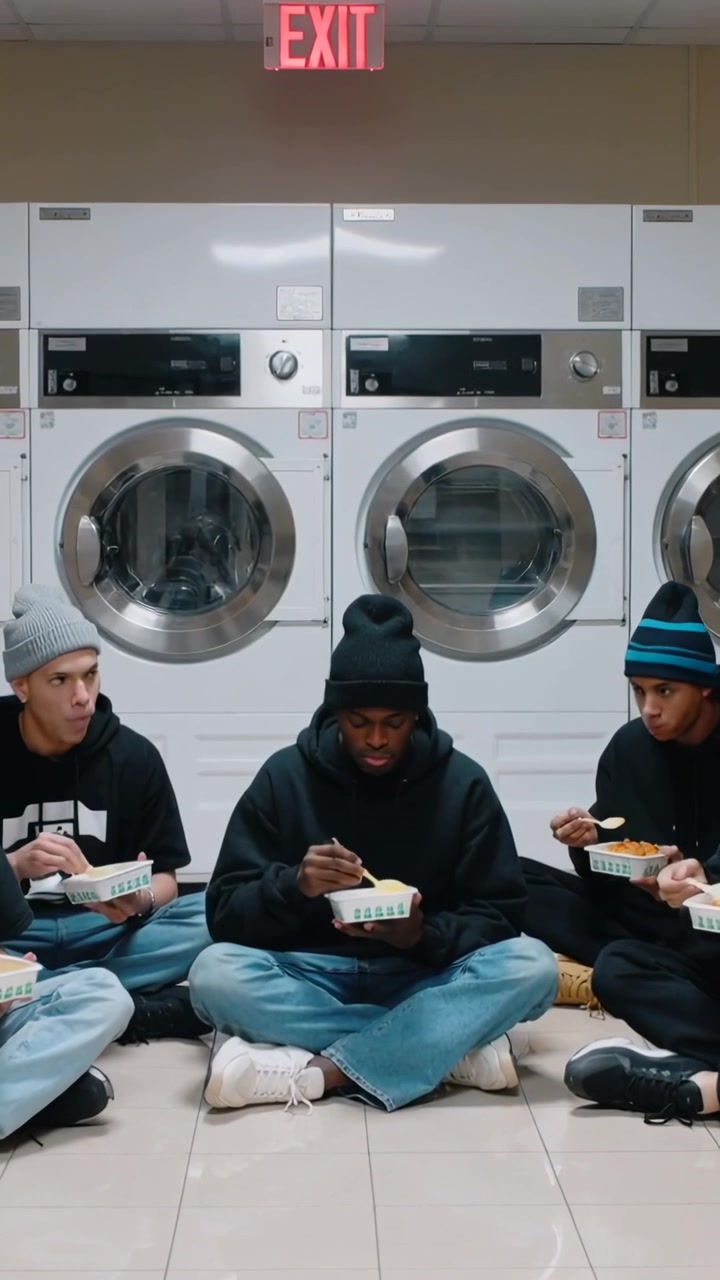 Vertical video: Eating three men in hoodies waiting, scooping takeout at washers with EXIT overhead