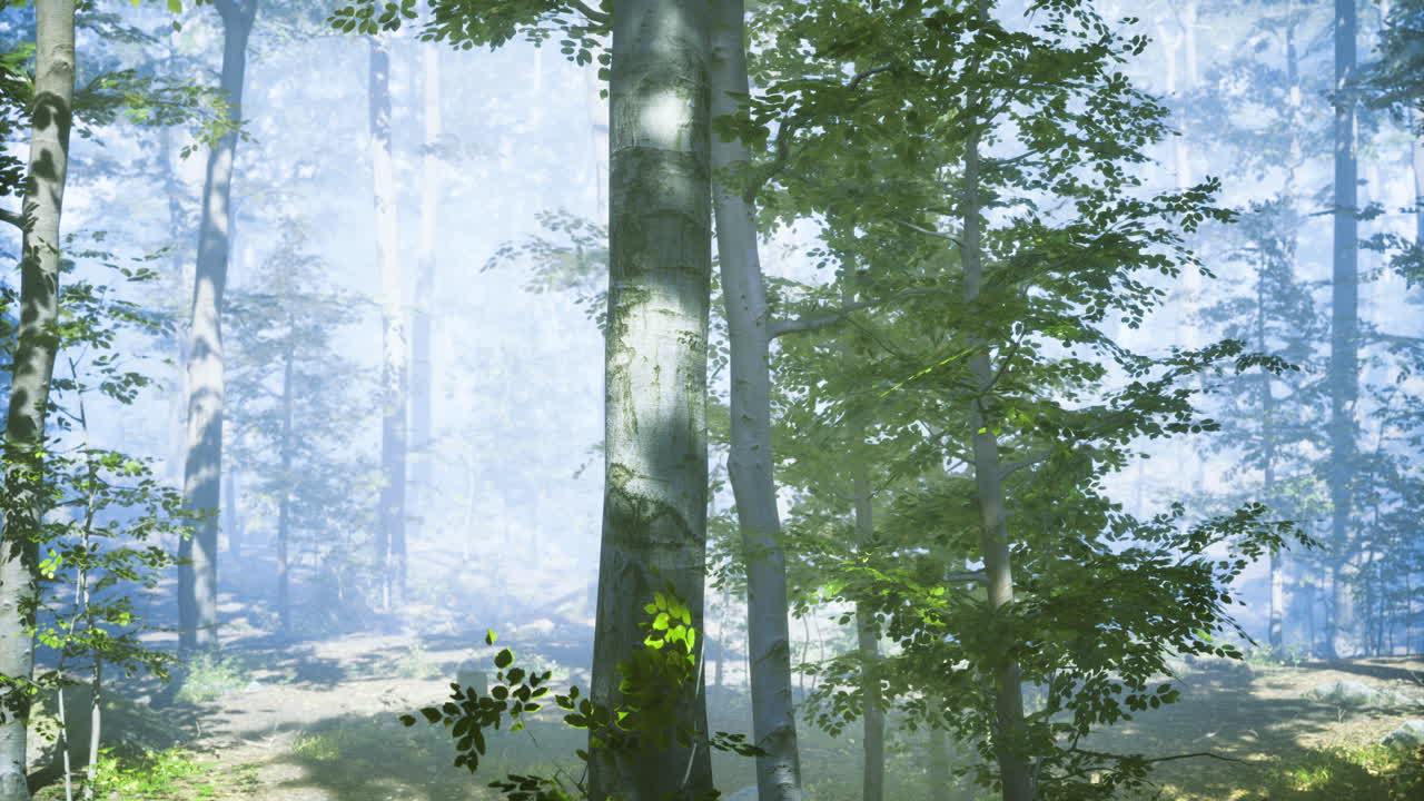 Misty morning in a tranquil forest with sunlight filtering through trees