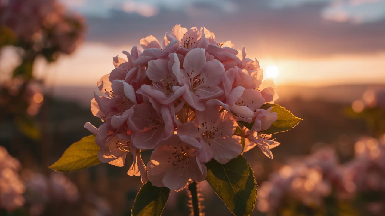 Gugusan bunga merah muda di tengah dan dedaunan hijau bersinar di kebun saat matahari terbenam, membentuk bokeh hangat
