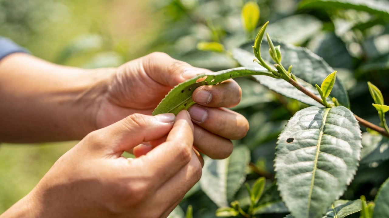 Spotting holes, inspecting hands wearing blue sleeve lifting leaf in field, checking pest damage