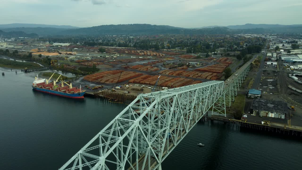 US, WA, Longview, 2025-10-22 - Drone view of the Lewis and Clark Bridge connecting Oregon to Washington