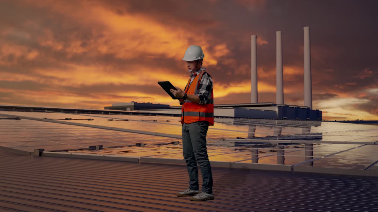 Insinyur Pria Asia Tampak Samping Berbadan Penuh dengan Helm Keselamatan Bekerja dengan Tablet Sambil Berdiri, Memeriksa Panel Surya di Atap saat Matahari Terbenam