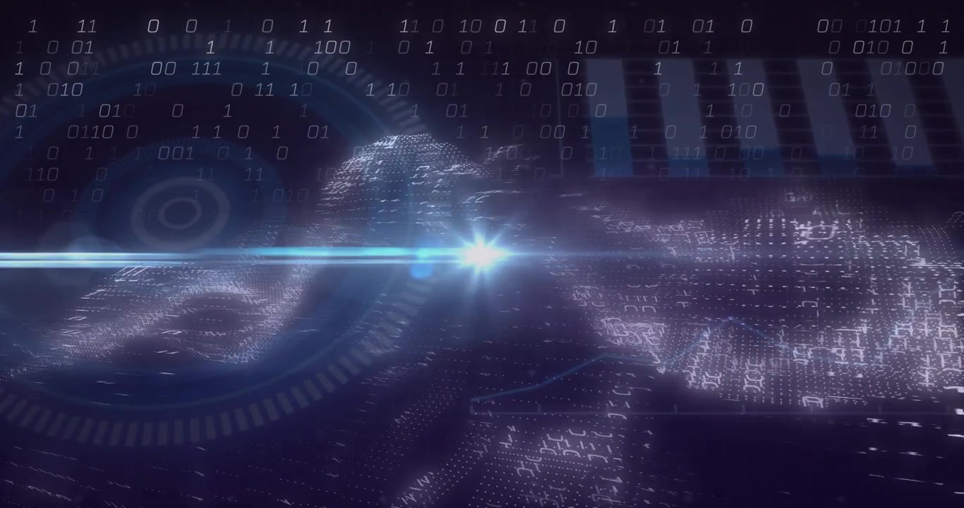 Bright beam sweeping in from left intersecting waveform, boosting binary flow and chart columns