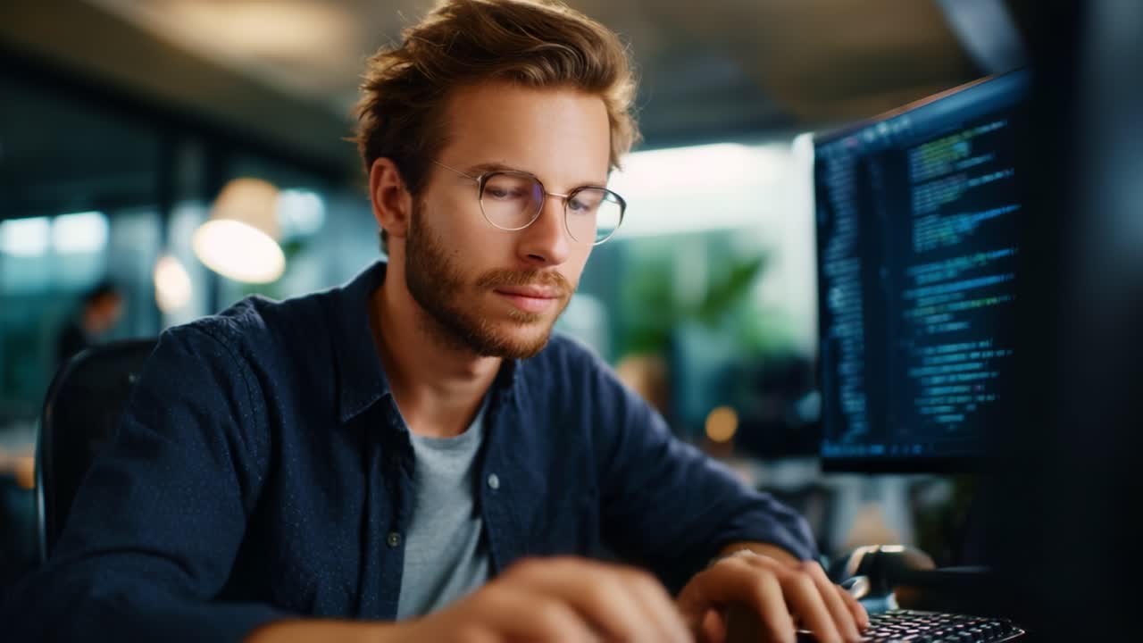 Focused Young Man Working on Computer in Modern Office Environment, Analyzing Code and Data with Determination and Concentration, Enhancing Productivity
