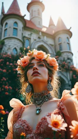 woman in a floral dress and crown in a garden