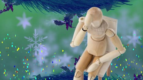 animación de nieve cayendo sobre figura de madera y confeti sobre fondo verde.