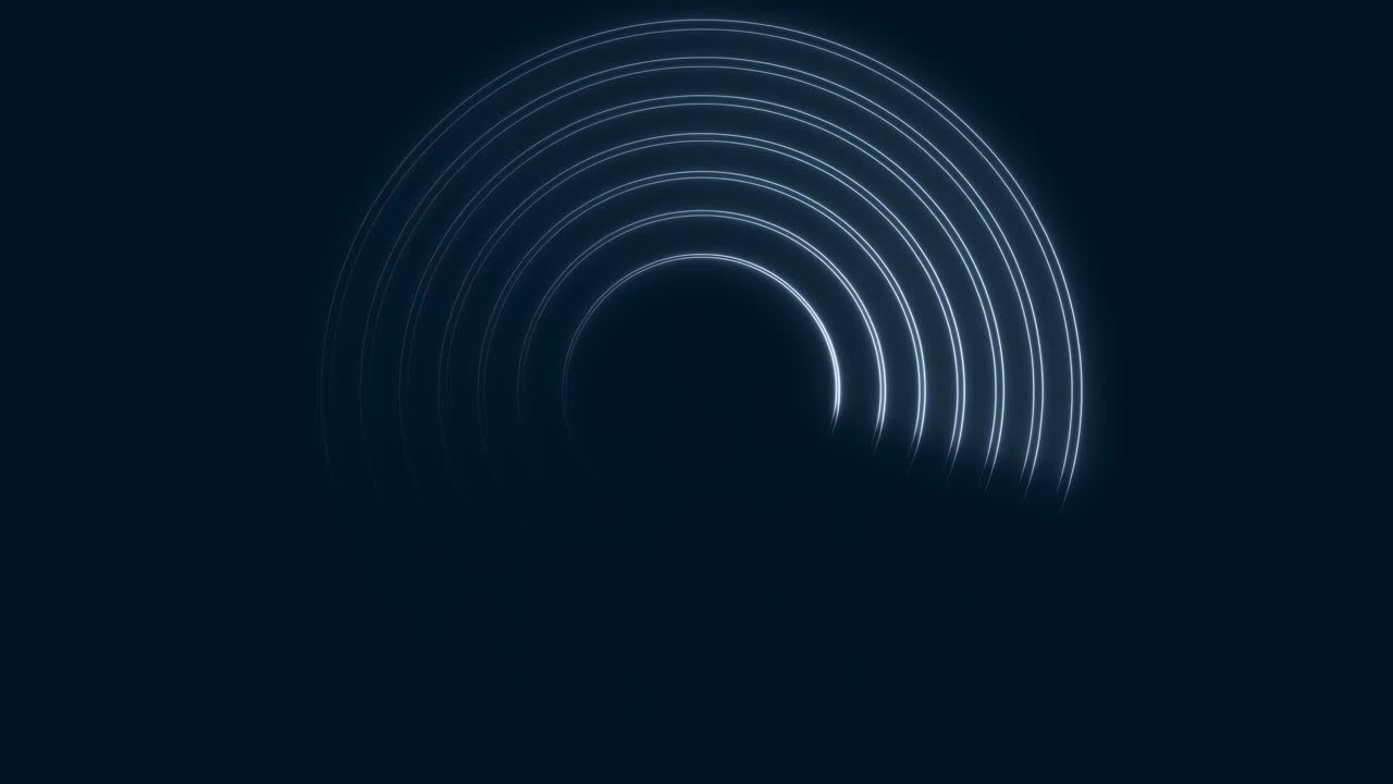 Archi concentrici luminosi su sfondo blu navy, anelli luminosi e morbidi ruotano in sequenza radiale, con sottile sfocatura di movimento