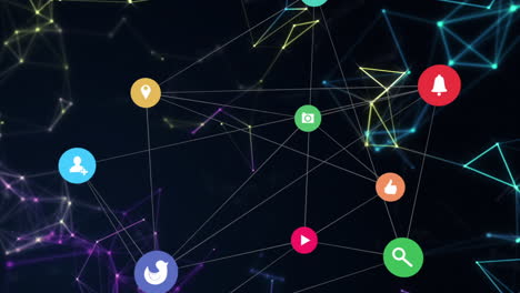 animation of network of connections with digital icons floating over geometric figures