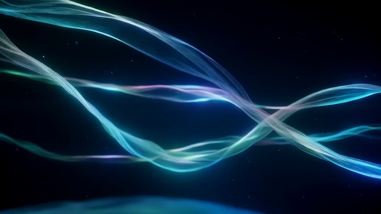 Undulating luminescent ribbons expanding and crossing deep navy void, triggered by color shift