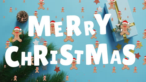 animation of merry christmas text over cookies, decorations on blue background