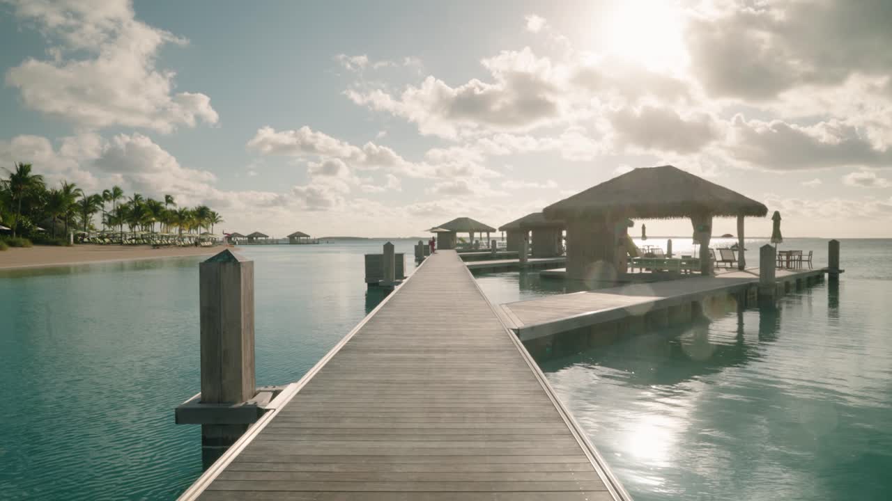sobre cabañas de agua en una isla tropical en un soleado día de verano, aguas azules tranquilas en un complejo de destino remoto en 4k