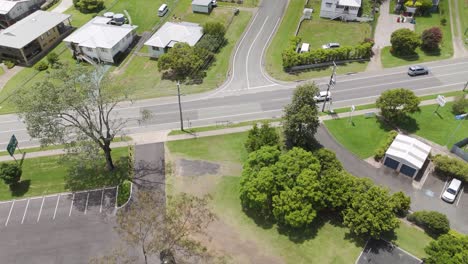 aerial view of residential area with road and houses